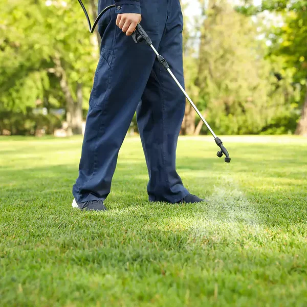 Pest control technician spaying lawn