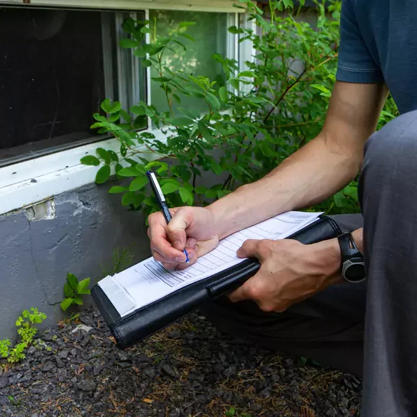 close up of termite inspection with pest control technician filling in a form as he inspects the exterior of a window for termite damage