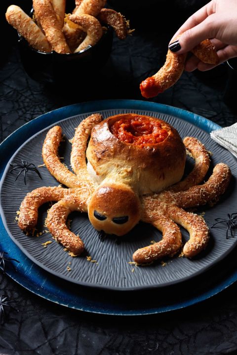 spider made from pizza dough with marinara sauce Image from Woman's Day Magazine